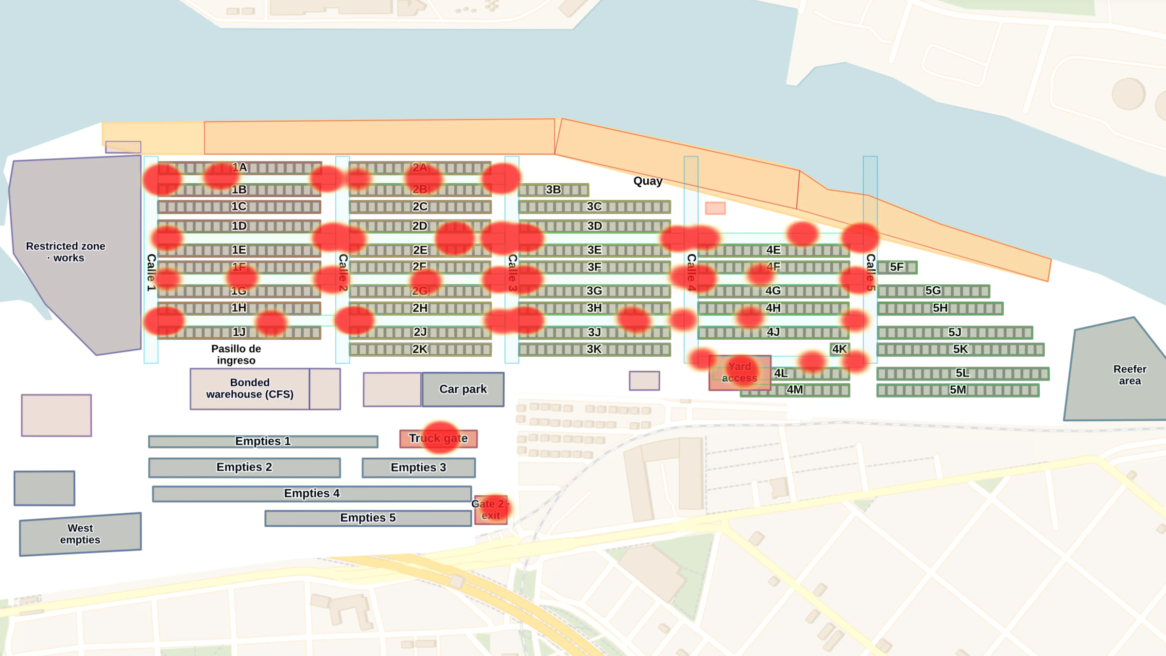 Heat map of near-misses on the terminal map in Mapsted Yard Watch